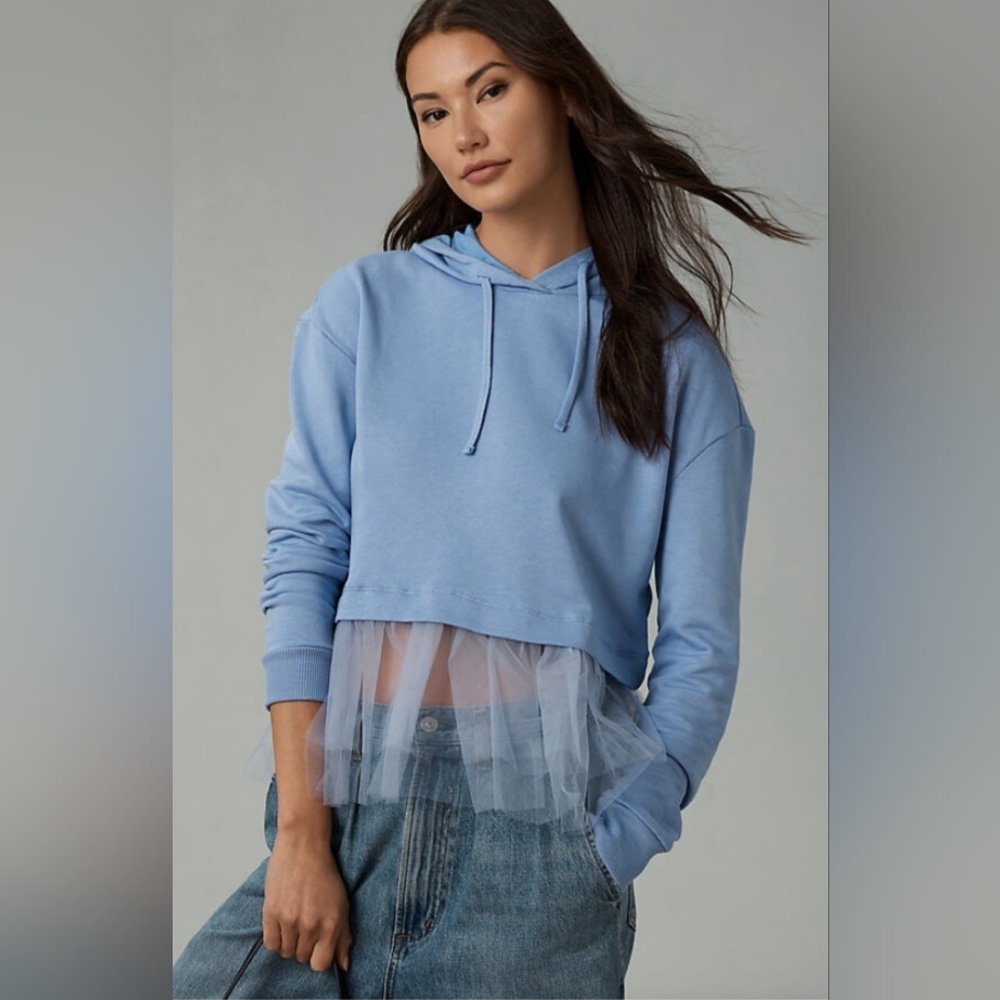 Anthropologie Light Blue Cropped Hoodie with Tulle Hem